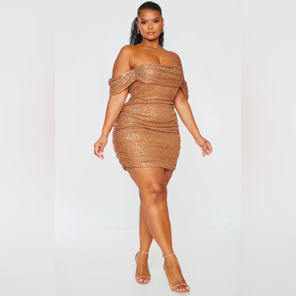 PLUS MOCHA SEQUIN BARDOT BODYCON DRESS